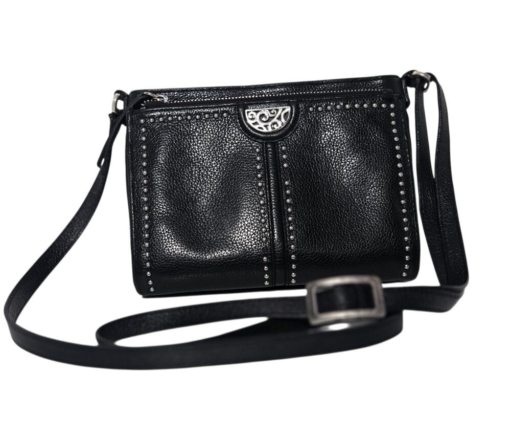 Brighton Pretty Tough City Organizer Crossbody Black Pebbled Leather Studded Bag
